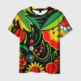Мужская футболка 3D с принтом Хохлома в Петрозаводске, 100% полиэфир | прямой крой, круглый вырез горловины, длина до линии бедер | арт | вектор | желтый | зеленый | золотой | клубника | клюква | красный | малина | народный рисунок | рисунок | хохлома | цветок | цветы | чёрный | ягода | ягоды