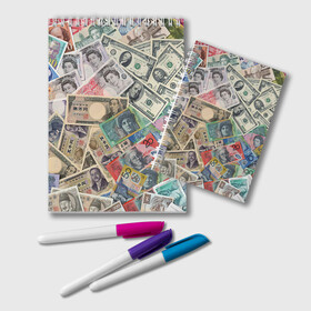 Блокнот с принтом Деньги в Петрозаводске, 100% бумага | 48 листов, плотность листов — 60 г/м2, плотность картонной обложки — 250 г/м2. Листы скреплены удобной пружинной спиралью. Цвет линий — светло-серый
 | арт | банкноты | валюта | деньги | доллары | зеленый | иена | красный | серый | синий | фунт стерлингов | юани