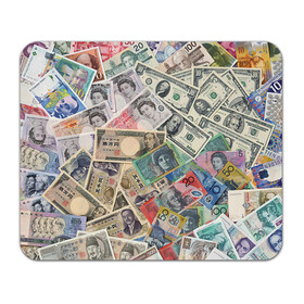 Коврик для мышки прямоугольный с принтом Деньги в Петрозаводске, натуральный каучук | размер 230 х 185 мм; запечатка лицевой стороны | арт | банкноты | валюта | деньги | доллары | зеленый | иена | красный | серый | синий | фунт стерлингов | юани