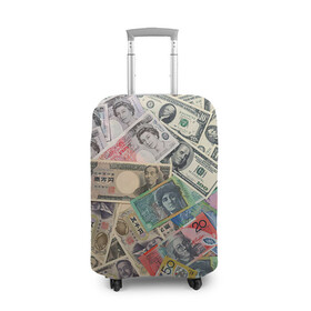 Чехол для чемодана 3D с принтом Деньги в Петрозаводске, 86% полиэфир, 14% спандекс | двустороннее нанесение принта, прорези для ручек и колес | арт | банкноты | валюта | деньги | доллары | зеленый | иена | красный | серый | синий | фунт стерлингов | юани