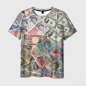 Мужская футболка 3D с принтом Деньги в Петрозаводске, 100% полиэфир | прямой крой, круглый вырез горловины, длина до линии бедер | арт | банкноты | валюта | деньги | доллары | зеленый | иена | красный | серый | синий | фунт стерлингов | юани