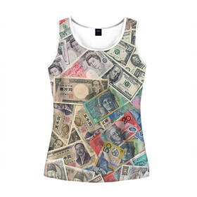 Женская майка 3D с принтом Деньги в Петрозаводске, 100% полиэстер | круглая горловина, прямой силуэт, длина до линии бедра | арт | банкноты | валюта | деньги | доллары | зеленый | иена | красный | серый | синий | фунт стерлингов | юани
