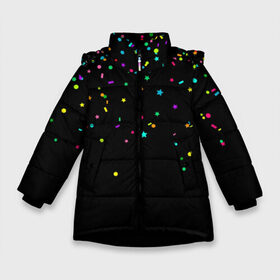 Зимняя куртка для девочек 3D с принтом Праздничное настроение в Петрозаводске, ткань верха — 100% полиэстер; подклад — 100% полиэстер, утеплитель — 100% полиэстер. | длина ниже бедра, удлиненная спинка, воротник стойка и отстегивающийся капюшон. Есть боковые карманы с листочкой на кнопках, утяжки по низу изделия и внутренний карман на молнии. 

Предусмотрены светоотражающий принт на спинке, радужный светоотражающий элемент на пуллере молнии и на резинке для утяжки. | блёстки | веселье | конфетти | праздник | салют