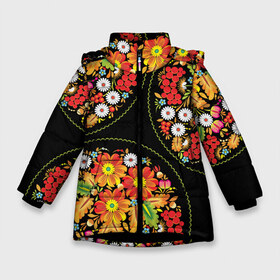 Зимняя куртка для девочек 3D с принтом Khokhloma 10-0 в Петрозаводске, ткань верха — 100% полиэстер; подклад — 100% полиэстер, утеплитель — 100% полиэстер. | длина ниже бедра, удлиненная спинка, воротник стойка и отстегивающийся капюшон. Есть боковые карманы с листочкой на кнопках, утяжки по низу изделия и внутренний карман на молнии. 

Предусмотрены светоотражающий принт на спинке, радужный светоотражающий элемент на пуллере молнии и на резинке для утяжки. | орнамент | роспись | русский стиль | текстуры | узор