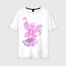 Женская футболка хлопок Oversize с принтом жизнерадостный скелет в Петрозаводске, 100% хлопок | свободный крой, круглый ворот, спущенный рукав, длина до линии бедер
 | веселый | крылья | магия | пастель | позитив | розовый | скелет | скелетон | фея
