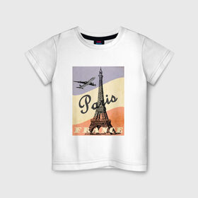 Детская футболка хлопок с принтом Paris/Париж в Петрозаводске, 100% хлопок | круглый вырез горловины, полуприлегающий силуэт, длина до линии бедер | airplane | city | elf tower | flag | france | illustration | landmark | paris | tower | башня | город | достопримечательность | иллюстрация | париж | самолёт | флаг | флаг франции | франция | эльфивая башня