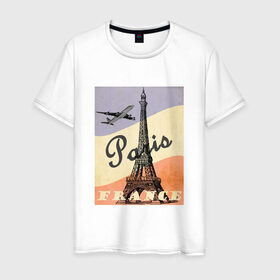 Мужская футболка хлопок с принтом Paris/Париж в Петрозаводске, 100% хлопок | прямой крой, круглый вырез горловины, длина до линии бедер, слегка спущенное плечо. | airplane | city | elf tower | flag | france | illustration | landmark | paris | tower | башня | город | достопримечательность | иллюстрация | париж | самолёт | флаг | флаг франции | франция | эльфивая башня