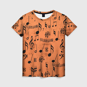 Женская футболка 3D с принтом Ноты в Петрозаводске, 100% полиэфир ( синтетическое хлопкоподобное полотно) | прямой крой, круглый вырез горловины, длина до линии бедер | музыка | нотный стан | ноты | текстуры | узор | узор ноты