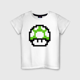 Детская футболка хлопок с принтом Гриб Марио в Петрозаводске, 100% хлопок | круглый вырез горловины, полуприлегающий силуэт, длина до линии бедер | 8 bit | 8 бит | 8bit | 8бит | art | dendy | mario | mushroom | pixel | super | арт | гриб | денди | марио | пиксель | супер