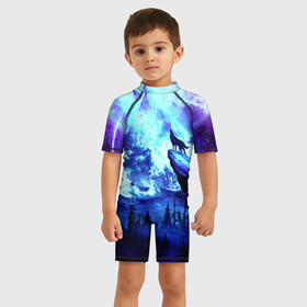 Детский купальный костюм 3D с принтом ВОЮЩИЙ НА ЛУНУ ВОЛК в Петрозаводске, Полиэстер 85%, Спандекс 15% | застежка на молнии на спине | moon | wolf | воет | волк | воющий | горы | затмение | луна | на луну | оборотень | полнолуние