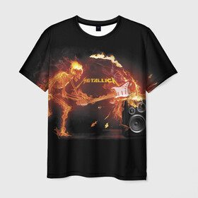 Мужская футболка 3D с принтом Metallica в Петрозаводске, 100% полиэфир | прямой крой, круглый вырез горловины, длина до линии бедер | Тематика изображения на принте: fire | flame | guitar | metallica | music | rock | skeleton | skull | trashmetal | гитара | металлика | музыка | огонь | пламя | рок | скелет | череп