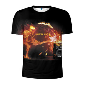 Мужская футболка 3D спортивная с принтом Metallica в Петрозаводске, 100% полиэстер с улучшенными характеристиками | приталенный силуэт, круглая горловина, широкие плечи, сужается к линии бедра | Тематика изображения на принте: fire | flame | guitar | metallica | music | rock | skeleton | skull | trashmetal | гитара | металлика | музыка | огонь | пламя | рок | скелет | череп