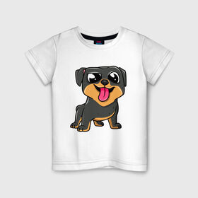 Детская футболка хлопок с принтом Ротвейлер в Петрозаводске, 100% хлопок | круглый вырез горловины, полуприлегающий силуэт, длина до линии бедер | dog | rotweiler | зубы | лапы | мем | пес | прикол | ротвейлер | смешные животные | собака | собака с языком | собачка | щенок | юмор | язык