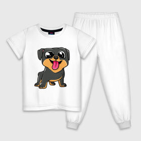 Детская пижама хлопок с принтом Ротвейлер в Петрозаводске, 100% хлопок |  брюки и футболка прямого кроя, без карманов, на брюках мягкая резинка на поясе и по низу штанин
 | Тематика изображения на принте: dog | rotweiler | зубы | лапы | мем | пес | прикол | ротвейлер | смешные животные | собака | собака с языком | собачка | щенок | юмор | язык