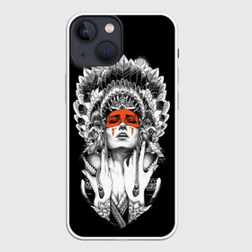 Чехол для iPhone 13 mini с принтом Женщина индеец в Петрозаводске,  |  | девушка индеец | индеец | перья на голове | перья. | татуировки