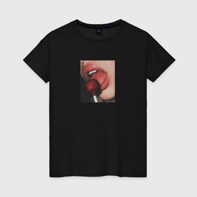 Женская футболка хлопок с принтом CHUPA CHUPS в Петрозаводске, 100% хлопок | прямой крой, круглый вырез горловины, длина до линии бедер, слегка спущенное плечо | винишко тян | губы | девушка | сохры . | чупа чупс