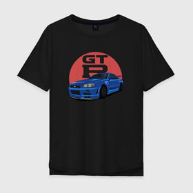 Мужская футболка хлопок Oversize с принтом Nissan GT-R 34 в Петрозаводске, 100% хлопок | свободный крой, круглый ворот, “спинка” длиннее передней части | drift | gt r 34 | nissan gtr | r34 | skyline