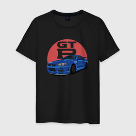 Мужская футболка хлопок с принтом Nissan GT-R 34 в Петрозаводске, 100% хлопок | прямой крой, круглый вырез горловины, длина до линии бедер, слегка спущенное плечо. | Тематика изображения на принте: drift | gt r 34 | nissan gtr | r34 | skyline
