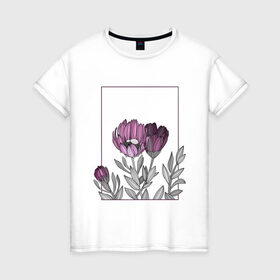 Женская футболка хлопок с принтом Цветы с тонкими линиями в Петрозаводске, 100% хлопок | прямой крой, круглый вырез горловины, длина до линии бедер, слегка спущенное плечо | графика | линии | рамка | растение | ртуть | цветы