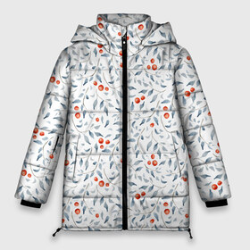 Женская зимняя куртка 3D с принтом Синие ветки с красными ягодами в Петрозаводске, верх — 100% полиэстер; подкладка — 100% полиэстер; утеплитель — 100% полиэстер | длина ниже бедра, силуэт Оверсайз. Есть воротник-стойка, отстегивающийся капюшон и ветрозащитная планка. 

Боковые карманы с листочкой на кнопках и внутренний карман на молнии | blue | branch | redberries | зимняя ягода | красные ягоды | листья | нежный | синие ветки | флора