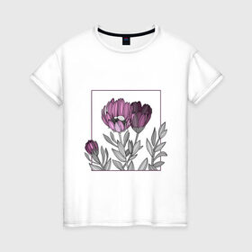 Женская футболка хлопок с принтом Цветы в рамке в Петрозаводске, 100% хлопок | прямой крой, круглый вырез горловины, длина до линии бедер, слегка спущенное плечо | графика | линии | рамка | растение | ртуть | цветы
