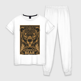 Женская пижама хлопок с принтом GRIZZLY в Петрозаводске, 100% хлопок | брюки и футболка прямого кроя, без карманов, на брюках мягкая резинка на поясе и по низу штанин | бурый | гризли | дикие животные | косолапый | медведь | символ
