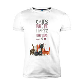 Мужская футболка хлопок Slim с принтом Кошки делают меня счастливым в Петрозаводске, 92% хлопок, 8% лайкра | приталенный силуэт, круглый вырез ворота, длина до линии бедра, короткий рукав | Тематика изображения на принте: cat | cats | cats make me happy | happiness is | kitty | животное | животные | звери | зверь | кот | коты | котята | котятки | кошки | кошки делают меня счастливым | мур | надпись | сердечко | сердце | хищники