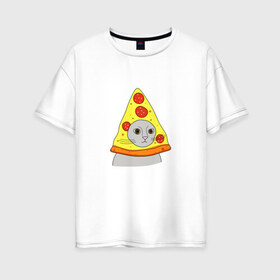 Женская футболка хлопок Oversize с принтом Кот и пицца в Петрозаводске, 100% хлопок | свободный крой, круглый ворот, спущенный рукав, длина до линии бедер
 | еда | животные | кот | кот в пицце | котик | кошка | мем | прикол | смешной | юмор