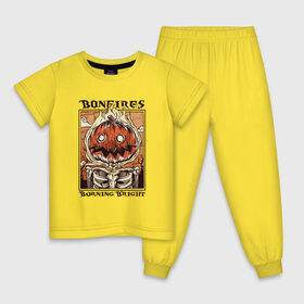 Детская пижама хлопок с принтом Bonfires Burning Bright в Петрозаводске, 100% хлопок |  брюки и футболка прямого кроя, без карманов, на брюках мягкая резинка на поясе и по низу штанин
 | cosplay | halloween | horror | party | pumpkin | retro | scary | skeleton | trick or threat | вечеринка | горит | горят | конфета или жизнь | косплей | костры | монстр | огонь | пламя | пожар | пылает | ретро | скелет | страшная | тыква | хорр
