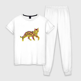 Женская пижама хлопок с принтом Бенгальский кот в Петрозаводске, 100% хлопок | брюки и футболка прямого кроя, без карманов, на брюках мягкая резинка на поясе и по низу штанин | Тематика изображения на принте: bengal | cat | color | colorful | kitten | kitty | puss | pussycat | tiger | vivid | бенгал | бенгальская | грация | киса | киска | кот | котенок | котик | кошатник | кошатница | кошка | леопард | леопардовая | люблю котов | малайзия