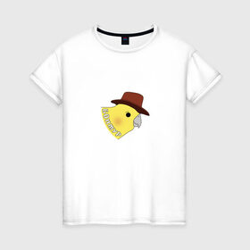 Женская футболка хлопок с принтом Бонжур в Петрозаводске, 100% хлопок | прямой крой, круглый вырез горловины, длина до линии бедер, слегка спущенное плечо | mem | бонжур | мем | попугай | попугай в шляпе | прикол | птица | стикер | юмор