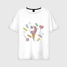 Женская футболка хлопок Oversize с принтом Unicorn 9-0-0 в Петрозаводске, 100% хлопок | свободный крой, круглый ворот, спущенный рукав, длина до линии бедер
 | animal | единорог | животные | звери