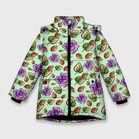 Зимняя куртка для девочек 3D с принтом Роза и земляника в Петрозаводске, ткань верха — 100% полиэстер; подклад — 100% полиэстер, утеплитель — 100% полиэстер. | длина ниже бедра, удлиненная спинка, воротник стойка и отстегивающийся капюшон. Есть боковые карманы с листочкой на кнопках, утяжки по низу изделия и внутренний карман на молнии. 

Предусмотрены светоотражающий принт на спинке, радужный светоотражающий элемент на пуллере молнии и на резинке для утяжки. | арт | зеленый | земляника | красный | листок | листья | рисунок | роза | розы | салатовый | фиолетовая роза | фиолетовые розы | фиолетовый | цветок | цветы | ягода | ягоды