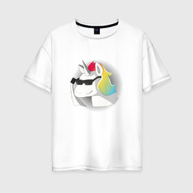 Женская футболка хлопок Oversize с принтом Unicorn в Петрозаводске, 100% хлопок | свободный крой, круглый ворот, спущенный рукав, длина до линии бедер
 | unicorn | единорог | очки | радуга | рог | цветной