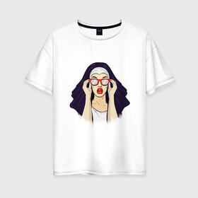 Женская футболка хлопок Oversize с принтом Монашка в Петрозаводске, 100% хлопок | свободный крой, круглый ворот, спущенный рукав, длина до линии бедер
 | губы | женщина | иллюстрация | монашка | очки | язык