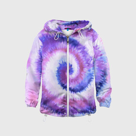 Детская ветровка 3D с принтом TIE-DYE PURPLE в Петрозаводске, 100% полиэстер | подол и капюшон оформлены резинкой с фиксаторами, по бокам два кармана без застежек, один потайной карман на груди | Тематика изображения на принте: dye | multicolor | tie | trend | акварель | брызги | градиент | дай | колор | краски | красочная | мульти | потёки | пятна | радуга | радужная | тай | тайдай | текстура | тренд | хиппи