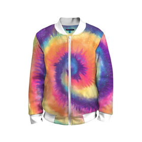 Детский бомбер 3D с принтом TIE-DYE MULTICOLOR в Петрозаводске, 100% полиэстер | застегивается на молнию, по бокам два кармана без застежек, мягкие манжеты, по низу бомбера и на воротнике — эластичная резинка | Тематика изображения на принте: dye | multicolor | tie | trend | акварель | брызги | градиент | дай | колор | краски | красочная | мульти | потёки | пятна | радуга | радужная | тай | тайдай | текстура | тренд | хиппи