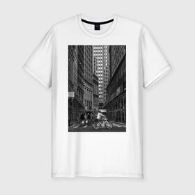 Мужская футболка хлопок Slim с принтом город в Петрозаводске, 92% хлопок, 8% лайкра | приталенный силуэт, круглый вырез ворота, длина до линии бедра, короткий рукав | автомобили | велосипед | велосипедист | высотки | город | дома | дорога | люди | машины | чб