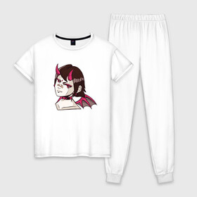 Женская пижама хлопок с принтом Девочка демон в Петрозаводске, 100% хлопок | брюки и футболка прямого кроя, без карманов, на брюках мягкая резинка на поясе и по низу штанин | cartoon | cat | cute | girls | japan | japanese | kawaii | kitty | manga | tsundere | waifu | yandere | аниме | анимэ | вайфу | дандере | девочка | девушка | демон | кавайная | котик | манга | мультик | мультики | рога | цундере | яндере | япон