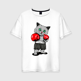 Женская футболка хлопок Oversize с принтом БоксерКотэ в Петрозаводске, 100% хлопок | свободный крой, круглый ворот, спущенный рукав, длина до линии бедер
 | бокс | домашние животные | кот | кошки | спортсмену | юмор
