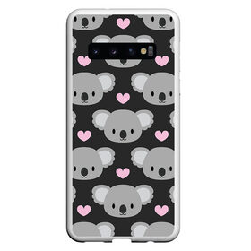 Чехол для Samsung Galaxy S10 с принтом Мордочки коал в Петрозаводске, Силикон | Область печати: задняя сторона чехла, без боковых панелей | арт | коал | коала | коалы | любовь | медведь | медвежонок | мордочка | мордочки | рисунок | сердечки | сердце | серый | тёмный | чёрный