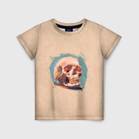 Детская футболка 3D с принтом Череп в Петрозаводске, 100% гипоаллергенный полиэфир | прямой крой, круглый вырез горловины, длина до линии бедер, чуть спущенное плечо, ткань немного тянется | бежевая | прикольная | принт | ромео и джульетта | скелет | череп | черепа