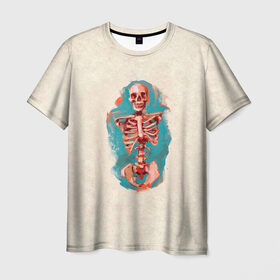 Мужская футболка 3D с принтом Скелет Джо в Петрозаводске, 100% полиэфир | прямой крой, круглый вырез горловины, длина до линии бедер | бежевая | прикольная | принт | скелет | смешная | череп