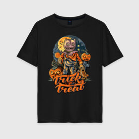Женская футболка хлопок Oversize с принтом Trick or treat. Хэллоуин в Петрозаводске, 100% хлопок | свободный крой, круглый ворот, спущенный рукав, длина до линии бедер
 | halloween | helloween | trick or treat | монстры | приколы | тыква | ужасы | хеллоуин | хэллоуин