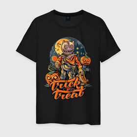Мужская футболка хлопок с принтом Trick or treat. Хэллоуин в Петрозаводске, 100% хлопок | прямой крой, круглый вырез горловины, длина до линии бедер, слегка спущенное плечо. | halloween | helloween | trick or treat | монстры | приколы | тыква | ужасы | хеллоуин | хэллоуин