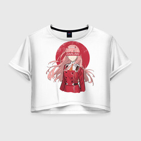 Женская футболка Crop-top 3D с принтом ZeroTwo (Darling in the Franx) в Петрозаводске, 100% полиэстер | круглая горловина, длина футболки до линии талии, рукава с отворотами | 002 | ahegao | anime | darling | franx | franxx | girl | girls | in | senpai | the | two | waifu | zero | zerotwo | аниме | ахегао | вайфу | девушка | семпай | сенпай | тян