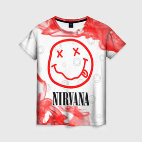 Женская футболка 3D с принтом NIRVANA / НИРВАНА в Петрозаводске, 100% полиэфир ( синтетическое хлопкоподобное полотно) | прямой крой, круглый вырез горловины, длина до линии бедер | band | cobain | face | kurt | logo | music | nirvana | rock | rocknroll | группа | кобейн | курт | лого | логотип | музыка | музыкальная | нирвана | рожица | рок | рокнролл | символ