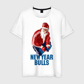 Мужская футболка хлопок с принтом New Year bulls в Петрозаводске, 100% хлопок | прямой крой, круглый вырез горловины, длина до линии бедер, слегка спущенное плечо. | Тематика изображения на принте: beard | guy | new year | pose | santa claus | борода | новый год | парень