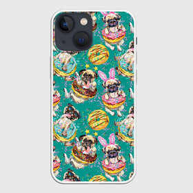 Чехол для iPhone 13 mini с принтом Мопсы в пончиках в Петрозаводске,  |  | абстракция | еда | летняя | линия | мопс | мопсы | пес | песик | пончики | сладости | собака | собачки | текстуры | узоры