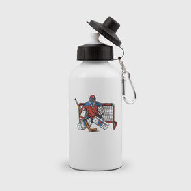 Бутылка спортивная с принтом Хоккейный вратарь в Петрозаводске, металл | емкость — 500 мл, в комплекте две пластиковые крышки и карабин для крепления | Тематика изображения на принте: 